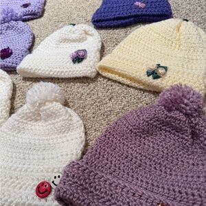 Cozy Kids hand Knit Beanie Set - Purple, White, Yellow